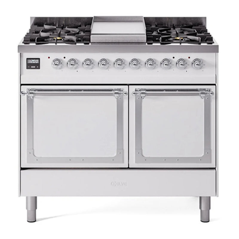 ILVE Nostalgie II Noblesse 40" Dual Fuel Freestanding Range in White with Chrome Trim, UND40FQNMPWHCLP