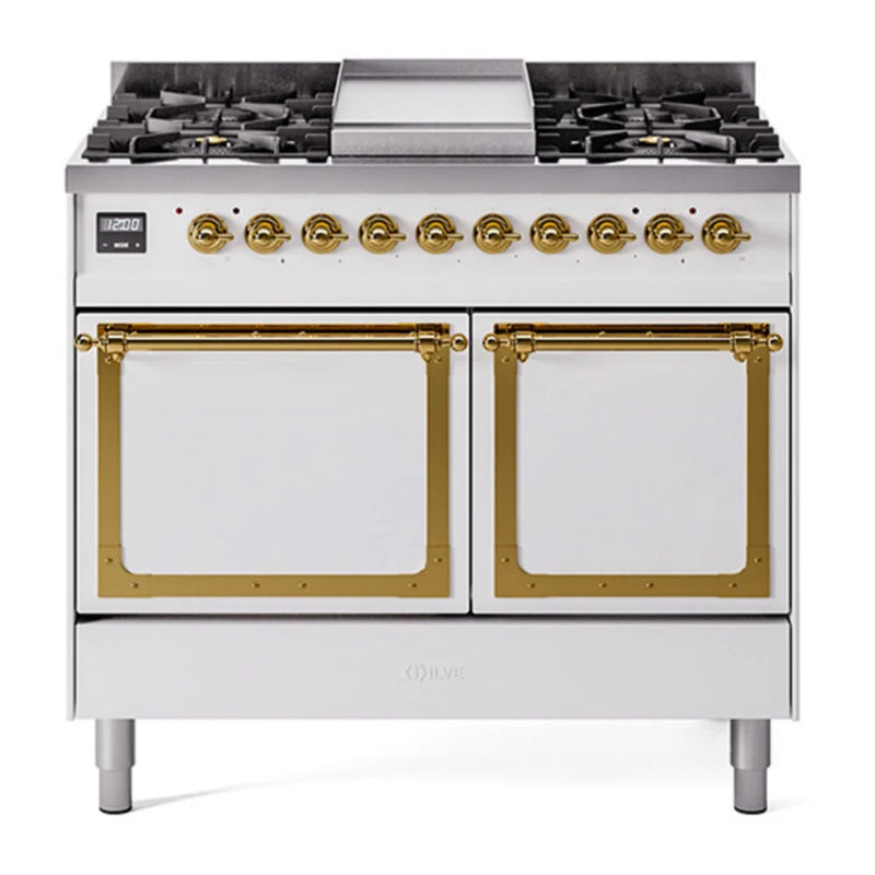 ILVE Nostalgie II Noblesse 40" Dual Fuel Freestanding Range in White with Brass Trim, UND40FQNMPWHGLP