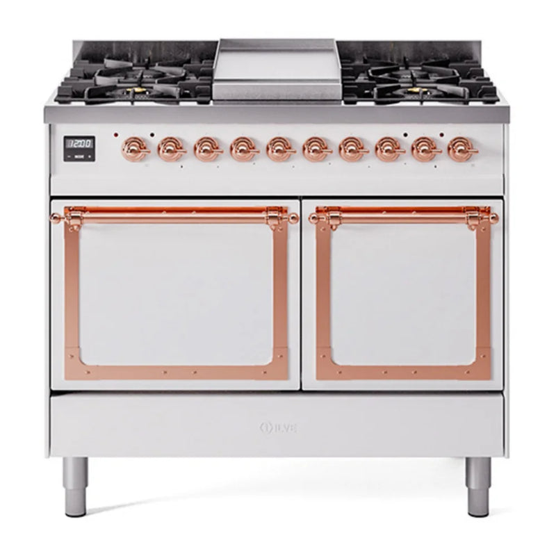 ILVE Nostalgie II Noblesse 40" Dual Fuel Freestanding Range in White with Copper Trim, UND40FQNMPWHP