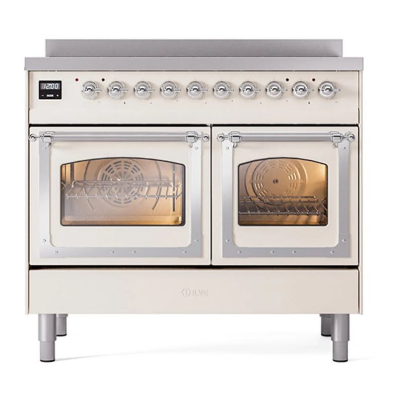 ILVE Nostalgie II Noblesse 40" Induction Freestanding Range in Antique White with Chrome Trim, UNDI406NMPAWC