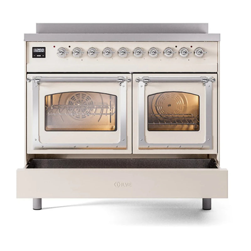 ILVE Nostalgie II Noblesse 40" Induction Freestanding Range in Antique White with Chrome Trim, UNDI406NMPAWC