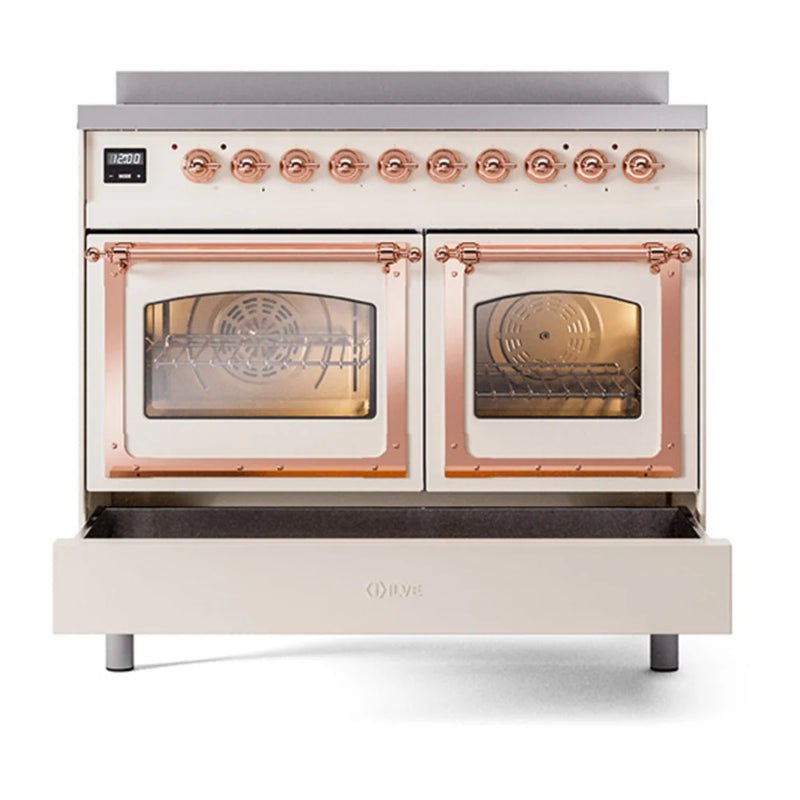 ILVE Nostalgie II Noblesse 40" Induction Freestanding Range in Antique White with Copper Trim, UNDI406NMPAWP