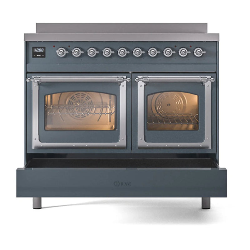 ILVE Nostalgie II Noblesse 40" Induction Freestanding Range in Blue Grey with Chrome Trim, UNDI406NMPBGC