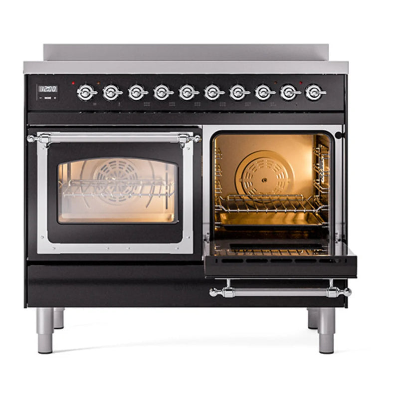 ILVE Nostalgie II Noblesse 40" Induction Freestanding Range in Glossy Black with Chrome Trim, UNDI406NMPBKC