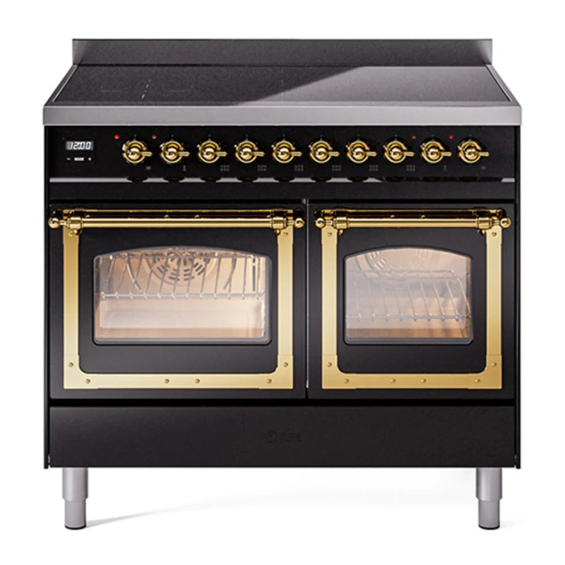 ILVE Nostalgie II Noblesse 40" Induction Freestanding Range in Glossy Black with Brass Trim, UNDI406NMPBKG