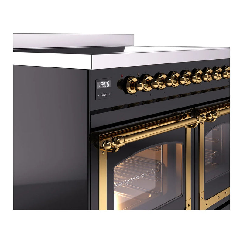 ILVE Nostalgie II Noblesse 40" Induction Freestanding Range in Glossy Black with Brass Trim, UNDI406NMPBKG