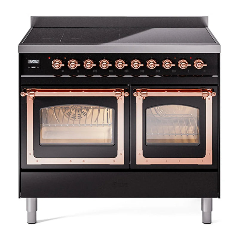 ILVE Nostalgie II Noblesse 40" Induction Freestanding Range in Glossy Black with Copper Trim, UNDI406NMPBKP