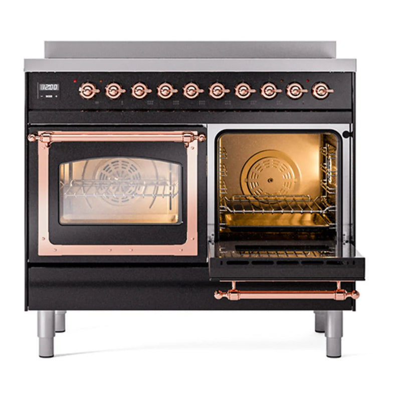 ILVE Nostalgie II Noblesse 40" Induction Freestanding Range in Glossy Black with Copper Trim, UNDI406NMPBKP