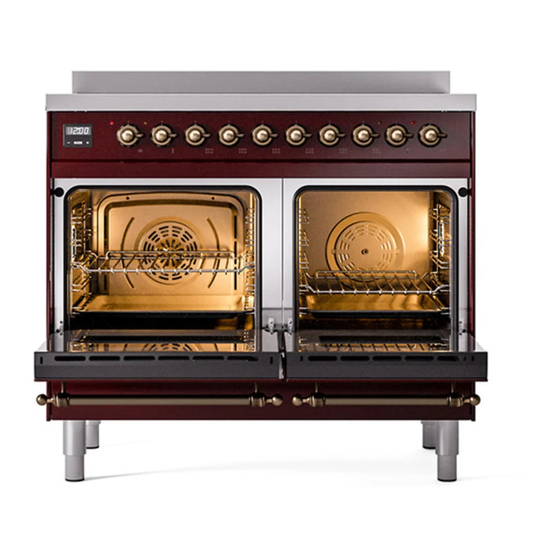 ILVE Nostalgie II Noblesse 40" Induction Freestanding Range in Burgundy with Burnished Trim, UNDI406NMPBUB