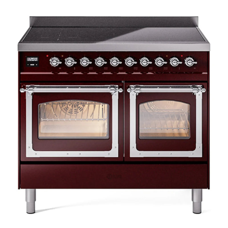 ILVE Nostalgie II Noblesse 40" Induction Freestanding Range in Burgundy with Chrome Trim, UNDI406NMPBUC