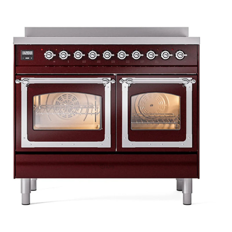 ILVE Nostalgie II Noblesse 40" Induction Freestanding Range in Burgundy with Chrome Trim, UNDI406NMPBUC