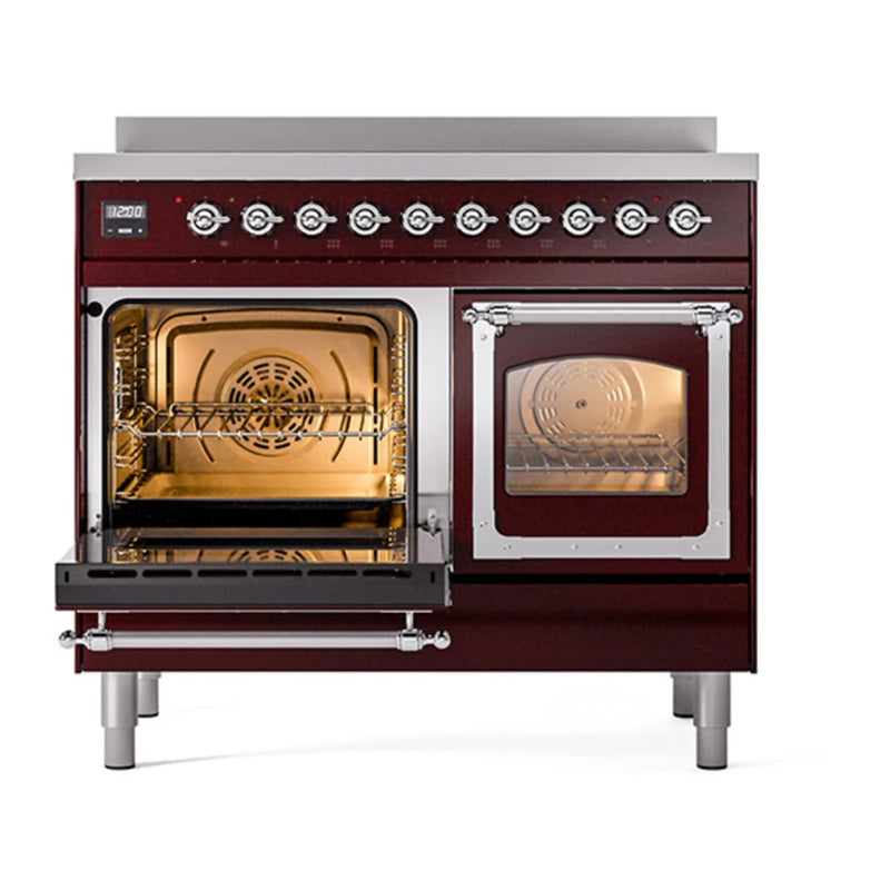 ILVE Nostalgie II Noblesse 40" Induction Freestanding Range in Burgundy with Chrome Trim, UNDI406NMPBUC