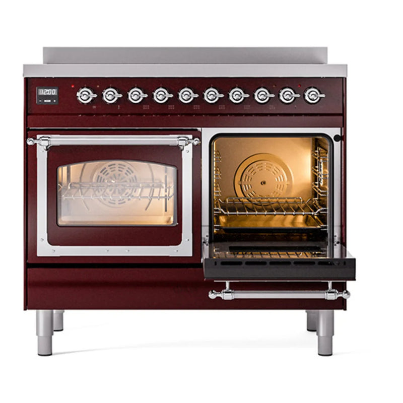 ILVE Nostalgie II Noblesse 40" Induction Freestanding Range in Burgundy with Chrome Trim, UNDI406NMPBUC