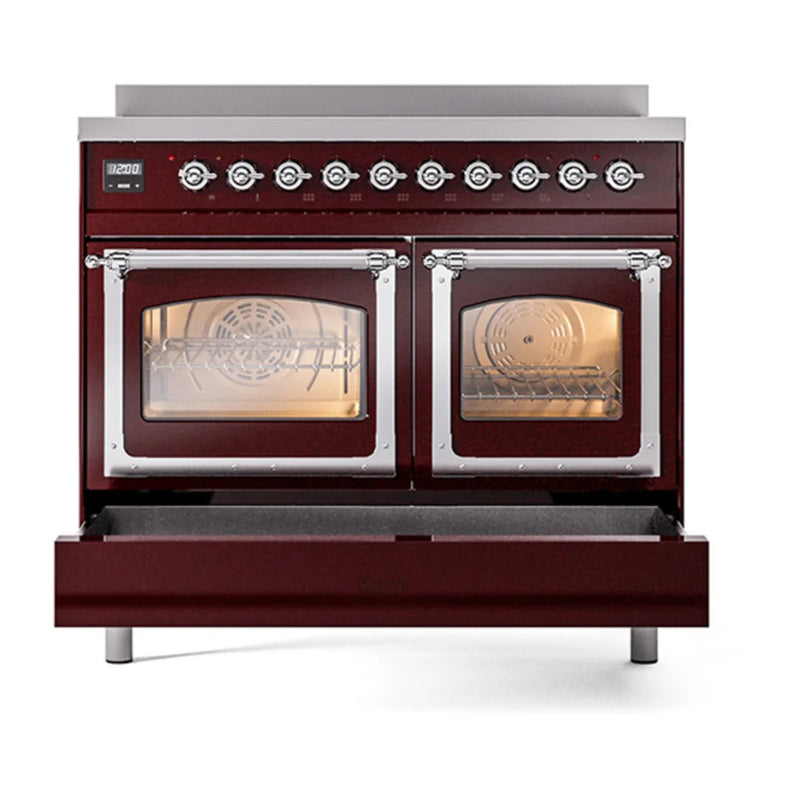 ILVE Nostalgie II Noblesse 40" Induction Freestanding Range in Burgundy with Chrome Trim, UNDI406NMPBUC