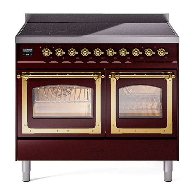 ILVE Nostalgie II Noblesse 40" Electric Freestanding Range in Burgundy with Brass Trim, UNDI406NMPBUG