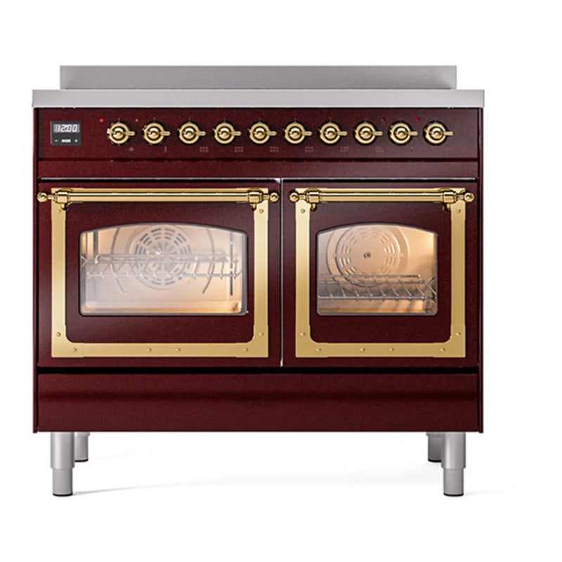 ILVE Nostalgie II Noblesse 40" Electric Freestanding Range in Burgundy with Brass Trim, UNDI406NMPBUG