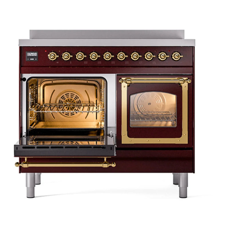 ILVE Nostalgie II Noblesse 40" Electric Freestanding Range in Burgundy with Brass Trim, UNDI406NMPBUG