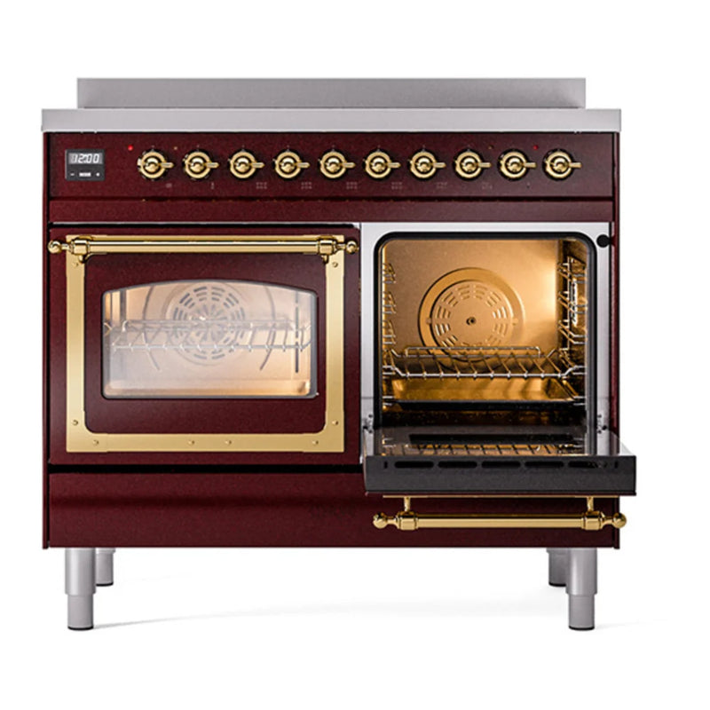 ILVE Nostalgie II Noblesse 40" Electric Freestanding Range in Burgundy with Brass Trim, UNDI406NMPBUG