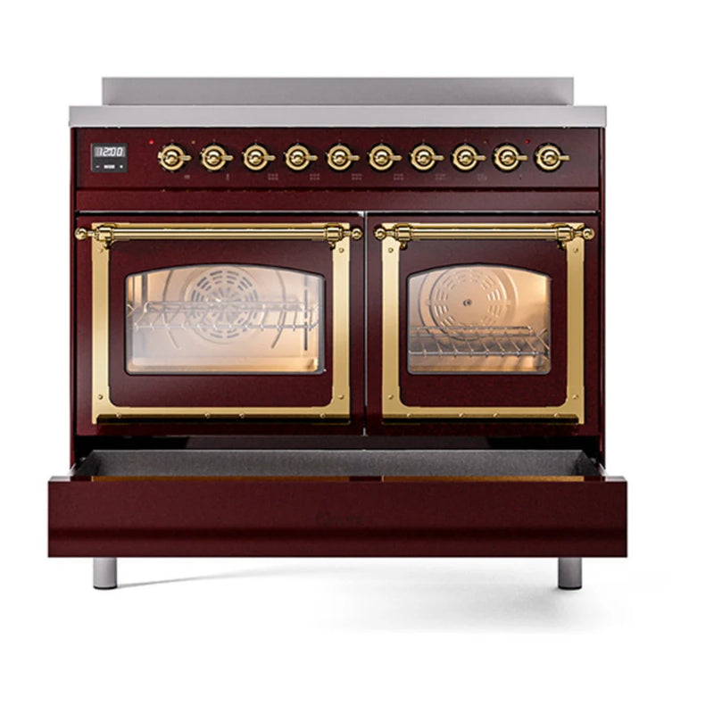 ILVE Nostalgie II Noblesse 40" Electric Freestanding Range in Burgundy with Brass Trim, UNDI406NMPBUG