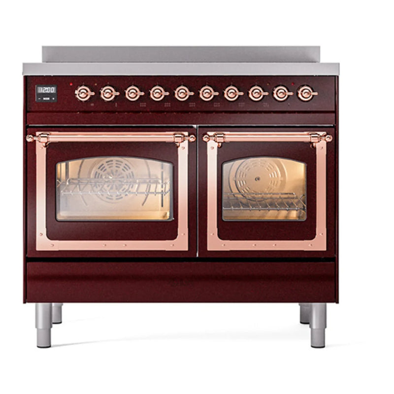 ILVE Nostalgie II Noblesse 40" Induction Freestanding Range in Burgundy with Copper Trim, UNDI406NMPBUP