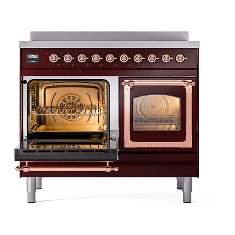 ILVE Nostalgie II Noblesse 40" Induction Freestanding Range in Burgundy with Copper Trim, UNDI406NMPBUP