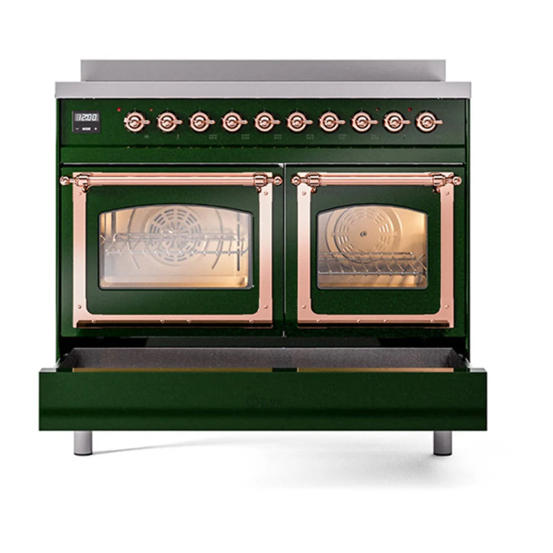 ILVE Nostalgie II Noblesse 40" Induction Freestanding Range in Emerald Green with Copper Trim, UNDI406NMPEGP