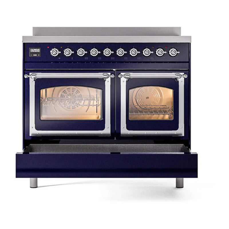 ILVE Nostalgie II Noblesse 40" Induction Freestanding Range in Midnight Blue with Chrome Trim, UNDI406NMPMBC