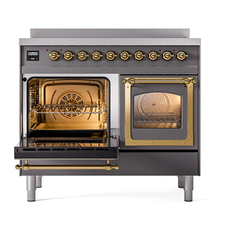 ILVE Nostalgie II Noblesse 40" Induction Freestanding Range in Graphite Matte with Brass Trim, UNDI406NMPMGG