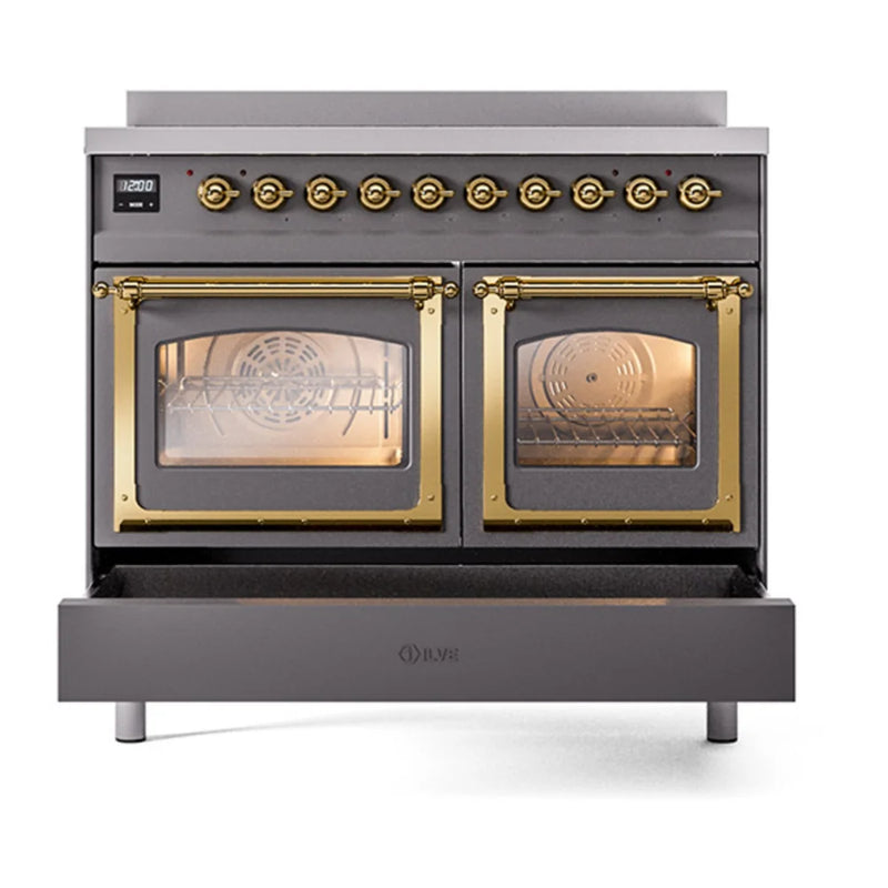 ILVE Nostalgie II Noblesse 40" Induction Freestanding Range in Graphite Matte with Brass Trim, UNDI406NMPMGG