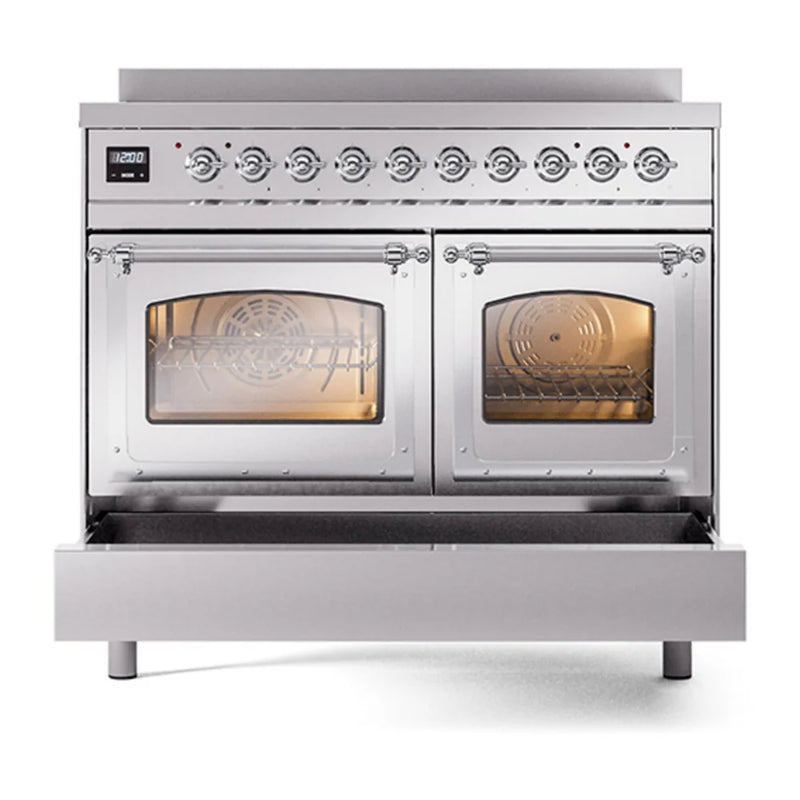 ILVE Nostalgie II Noblesse 40" Induction Freestanding Range in Stainless Steel with Chrome Trim, UNDI406NMPSSC