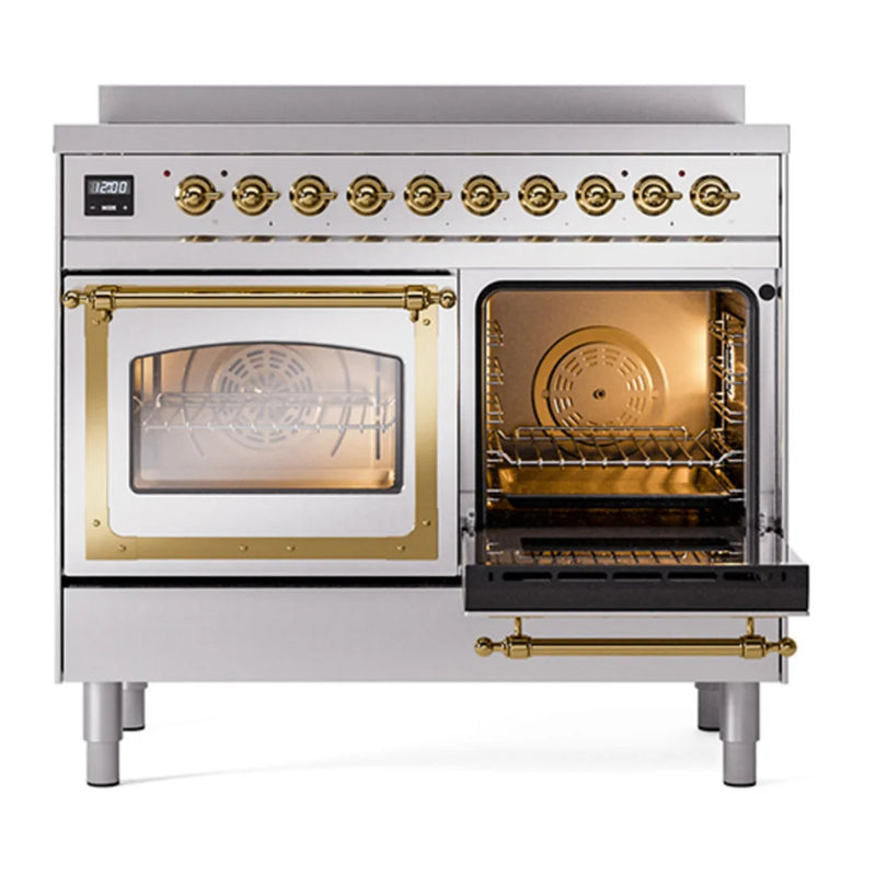 ILVE Nostalgie II Noblesse 40" Induction Freestanding Range in Stainless Steel with Brass Trim, UNDI406NMPSSG