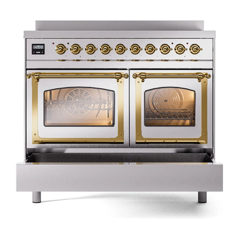 ILVE Nostalgie II Noblesse 40" Induction Freestanding Range in Stainless Steel with Brass Trim, UNDI406NMPSSG