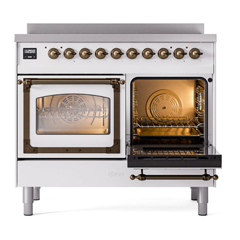 ILVE Nostalgie II Noblesse 40" Induction Freestanding Range in White with Burnished Trim, UNDI406NMPWHB