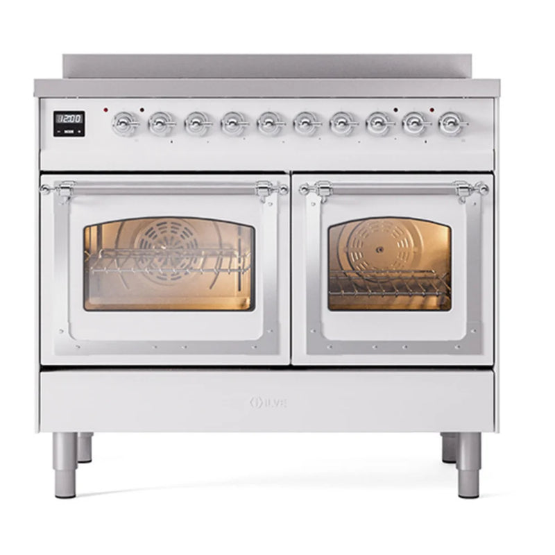 ILVE Nostalgie II Noblesse 40" Induction Freestanding Range in White with Chrome Trim, UNDI406NMPWHC