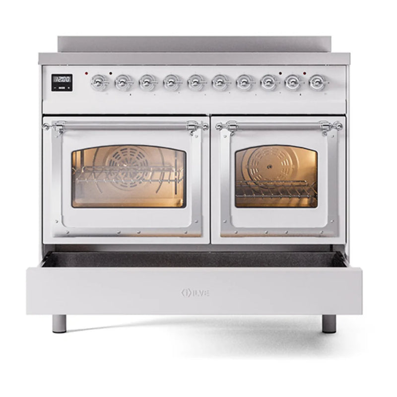 ILVE Nostalgie II Noblesse 40" Induction Freestanding Range in White with Chrome Trim, UNDI406NMPWHC