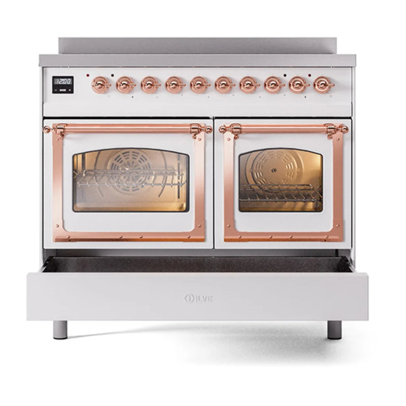 ILVE Nostalgie II Noblesse 40" Induction Freestanding Range in White with Copper Trim, UNDI406NMPWHP