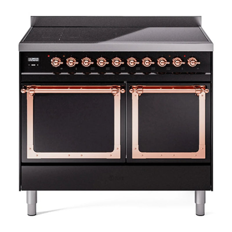 ILVE Nostalgie II Noblesse 40" Induction Freestanding Range in Glossy Black with Copper Trim, UNDI406QNMPBKP