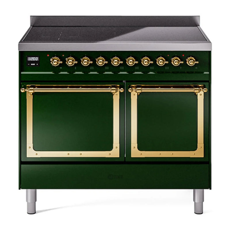 ILVE Nostalgie II Noblesse 40" Induction Freestanding Range in Emerald Green with Brass Trim, UNDI406QNMPEGG