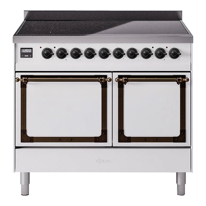 ILVE Nostalgie II Noblesse 40" Electric Freestanding Range in White with Burnished Trim, UNDI406QNMPWHB
