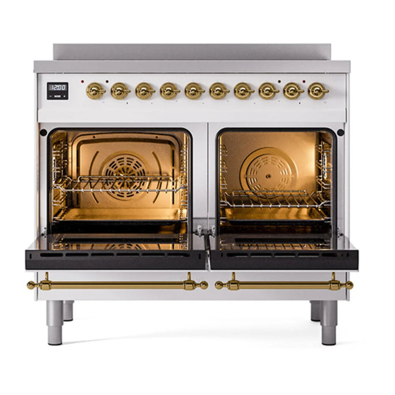 ILVE Nostalgie II Noblesse 40" Induction Freestanding Range in White with Brass Trim, UNDI406QNMPWHG