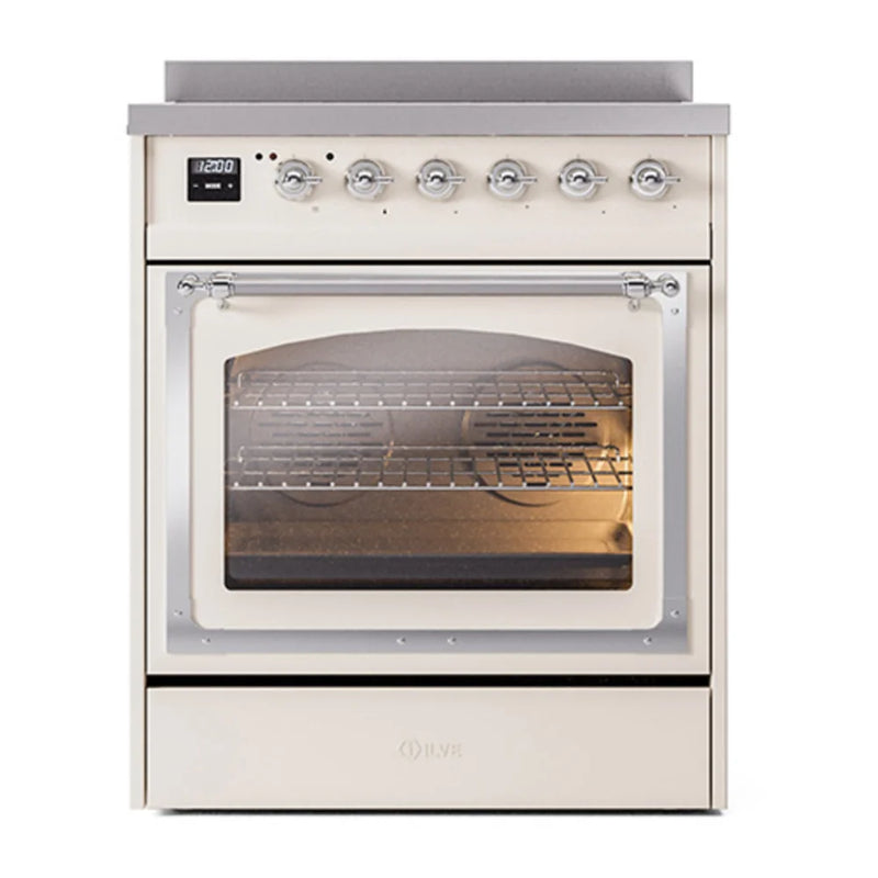 ILVE Nostalgie II Noblesse 30" Induction Freestanding Range in Antique White with Chrome Trim, UNI304NMPAWC