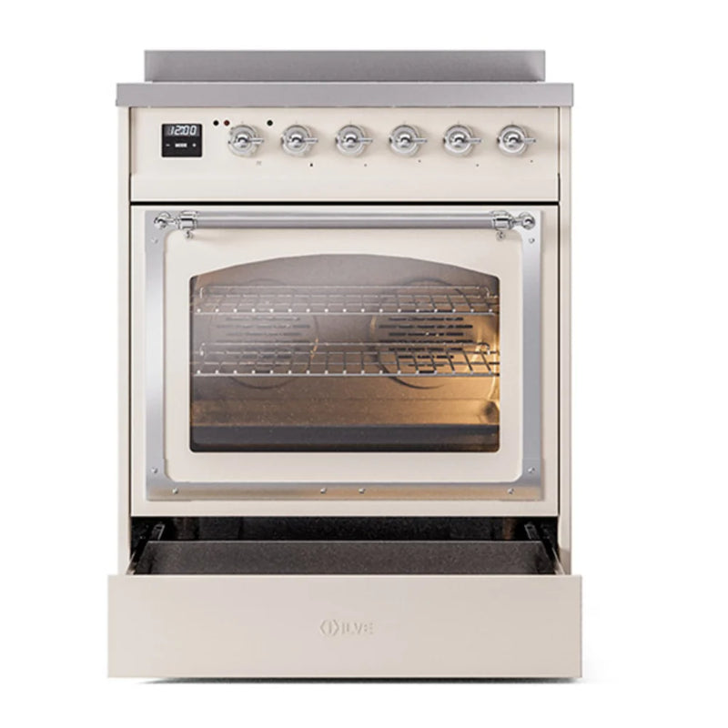 ILVE Nostalgie II Noblesse 30" Induction Freestanding Range in Antique White with Chrome Trim, UNI304NMPAWC