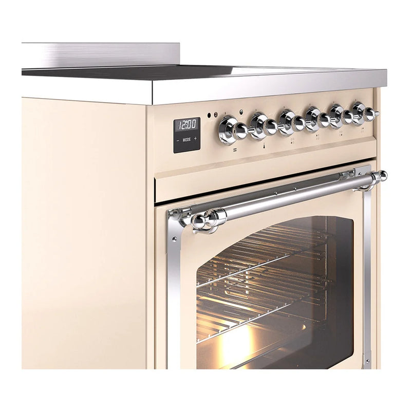 ILVE Nostalgie II Noblesse 30" Induction Freestanding Range in Antique White with Chrome Trim, UNI304NMPAWC