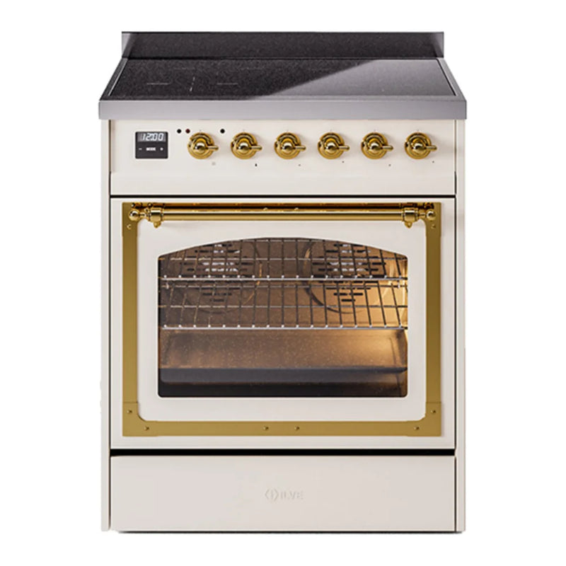 ILVE Nostalgie II Noblesse 30" Induction Freestanding Range in Antique White with Brass Trim, UNI304NMPAWG
