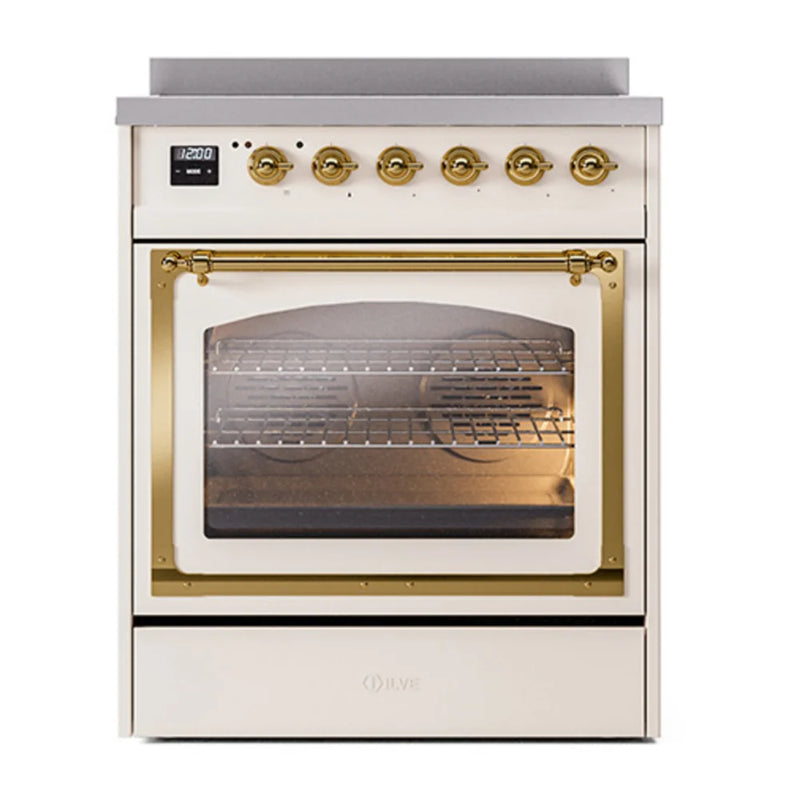 ILVE Nostalgie II Noblesse 30" Induction Freestanding Range in Antique White with Brass Trim, UNI304NMPAWG
