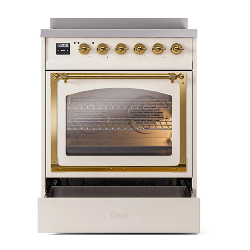 ILVE Nostalgie II Noblesse 30" Induction Freestanding Range in Antique White with Brass Trim, UNI304NMPAWG