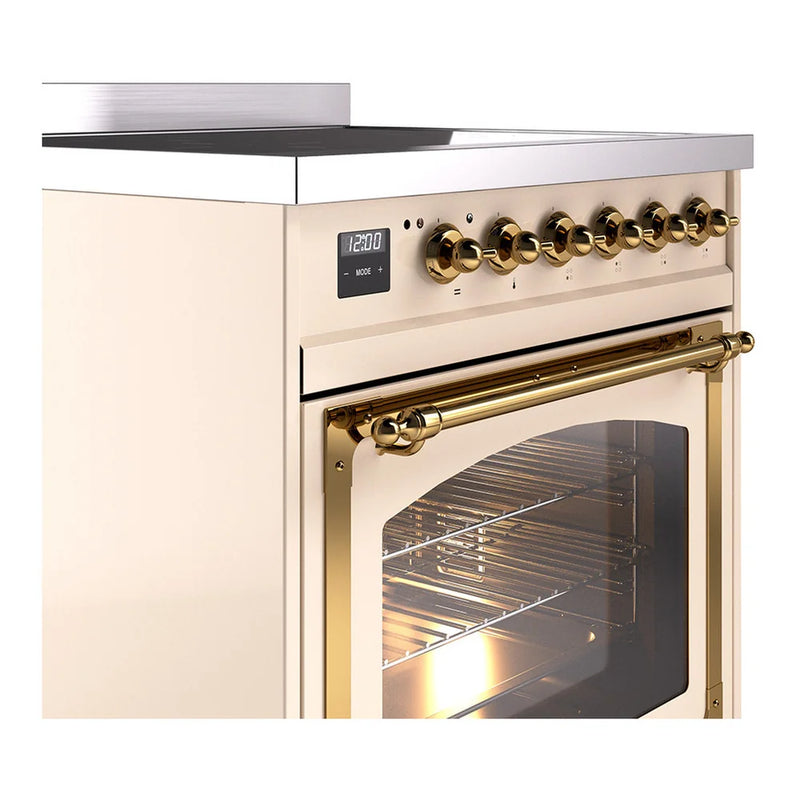 ILVE Nostalgie II Noblesse 30" Induction Freestanding Range in Antique White with Brass Trim, UNI304NMPAWG