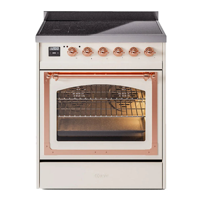 ILVE Nostalgie II Noblesse 30" Induction Freestanding Range in Antique White with Copper Trim, UNI304NMPAWP