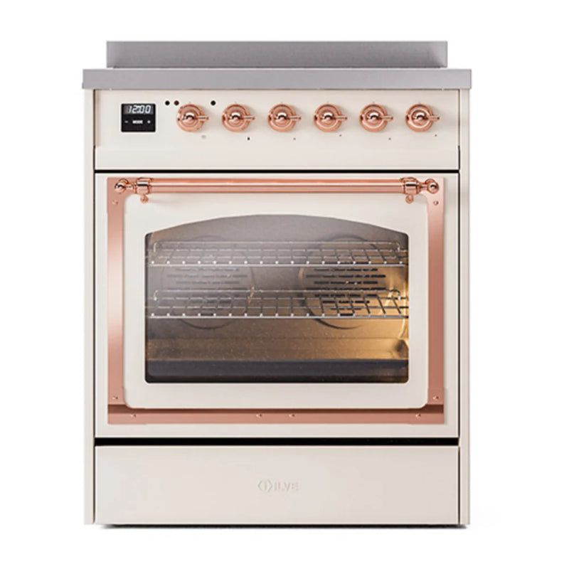 ILVE Nostalgie II Noblesse 30" Induction Freestanding Range in Antique White with Copper Trim, UNI304NMPAWP