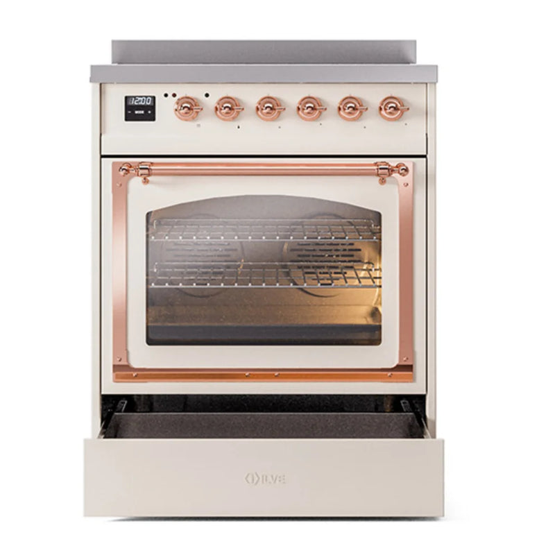 ILVE Nostalgie II Noblesse 30" Induction Freestanding Range in Antique White with Copper Trim, UNI304NMPAWP